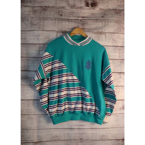 Vintage San Francisco Sport Medium Half Striped Teal Pullover Sweater - Picture 1 of 5